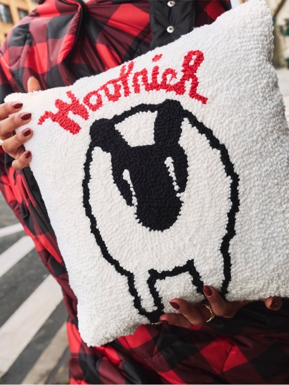 Woolrich Sheep Hooked Pillow with Red Script